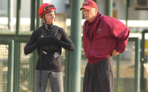 A sight unlikely to be seen again any time soon – Zac Purton and John Moore at trackwork earlier this season. Photo: Kenneth Chan