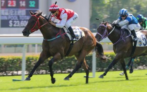 Eroico races clear to give Joao Moreira his first win for the day. Photo: Kenneth Chan