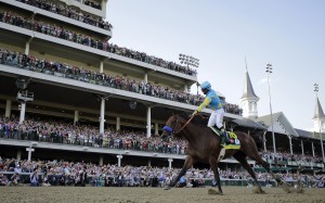 American Pharoah wins the Kentucky Derby at Churchill Downs in May, the first leg of his historic Triple Crown. He will attempt to become the first winner of the so-called 'Grand Slam' when he tackles the Breeders' Cup Classic just down the road at Keeneland on Saturday. Photo: AP