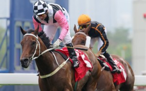 Beauty Flame held off a late charge from Able Friend to claim the Jockey Club Mile. Photo: Kenneth Chan