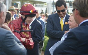 Jamie Spencer and Sheikh Fahad al-Thani share a joke at the Arlington Million in Chicago in August. The same weekend, the Qatari royal told Spencer his services as a jockey would no longer be required. Photo: SCMP Pictures