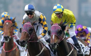 Werther just prevails in the Hong Kong Derby after a straight-long battle with stablemate Victory Magic. Photo: Kenneth Chan