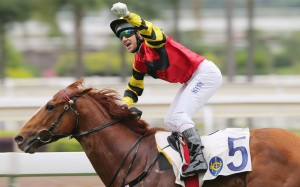 It was a traditionally big celebration from Brett Prebble as Lucky Bubbles stamped himself as a Group One horse in the making with a win in the Sprint Cup. Photo: Kenneth Chan
