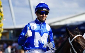 Joao Moreira gives a thumbs up after winning on McCreery in the Kingston Town Stakes. Photo: Australian Turf Club (@atc_races/Twitter)