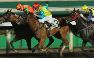 Expedite (middle) wins for Nash Rawiller in April. Photos: Kenneth Chan