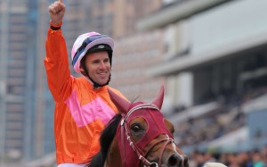 Tommy Berry celebrates Helene Paragon’s victory. Photos: Kenneth Chan
