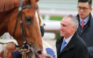 Paul O’Sullivan is all smiles after Merrygowin wins narrowly at Sha Tin. Photos: Kenneth Chan.