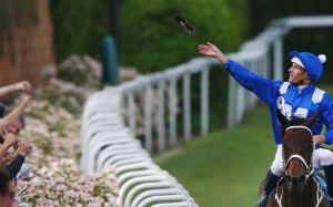 Hugh Bowman throws his goggles to the crowd after Winx’s first Cox Plate victory. Photo: Getty Images