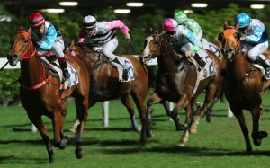 Gallant Return (second from right) runs on strongly behind Phantom Falcon on Wednesday night. Photos: Kenneth Chan