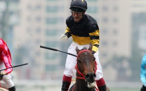 Olivier Doleuze screams with delight as D B Pin wins the Group One Centenary Sprint Cup. Photos: Kenneth Chan