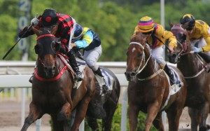 Joao Moreira salutes as Thewizardofoz wins the Premier Cup in June. Photos: Kenneth Chan