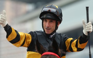 Olivier Doleuze celebrates winning the Group One Centenary Sprint Cup with D B Pin. Photos: Kenneth Chan