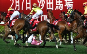 Alexis Badel tumbles after winning the January Cup with Simply Brilliant at Happy Valley on Wednesday night. Photos: Kenneth Chan