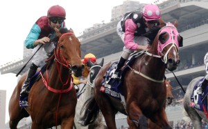 Beat The Clock (inside) and Beauty Generation (outside) fight it out in last year’s Group One Queen’s Silver Jubilee (1,400m). Photos: Kenneth Chan