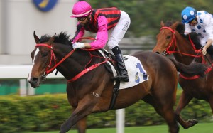 Waikuku races clear to win the Class Two Lion City Handicap (1,800m) at Sha Tin on Saturday. Photos: Kenneth Chan