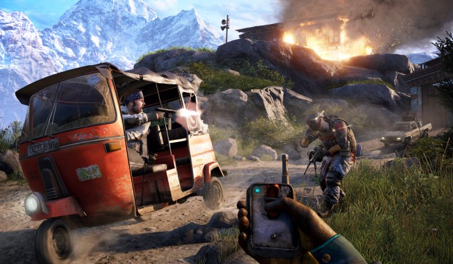 A screenshot from Far Cry 4, set in the fictional Himalayan country of Kyrat.