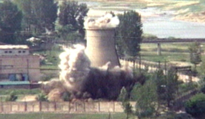 North Korea demolished in 2008 a cooling tower at its main nuclear power plant. International journalists and diplomats were invited to witness the event.