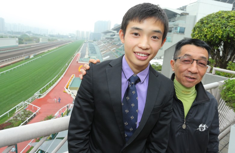 Apprentice Jack Wong and trainer Me Tsui at Sha Tin racecourse after Wong was unveiled to the media on Tuesday. Photo: Kenneth Chan