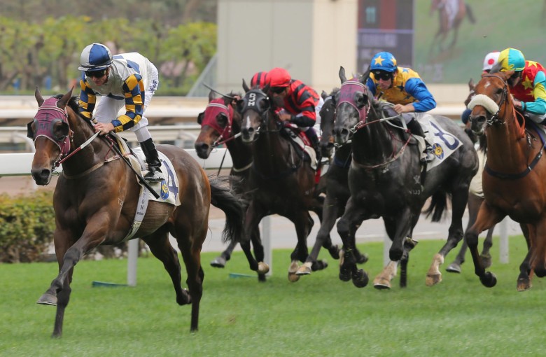 Zac Purton eases up on Victory Magic as he crosses the line with a leg in the air to win in Class Two last time out. He is the likely favourite in the Queen Mother Memorial Cup today.Photos: Kenneth Chan