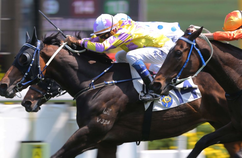 Douglas Whyte pushes out Noble De Love to salute at Sha Tin on Sunday. Photos: Kenneth Chan