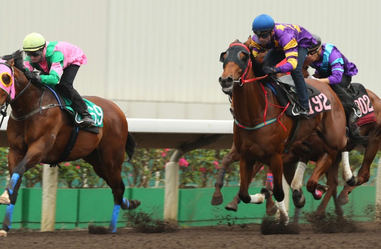 Aerovelocity beats Eastern Express in a barrier trial on Tuesday. Photo: Kenneth Chan