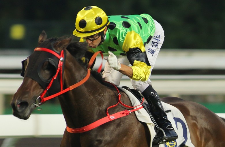 Joao Moreira waves his finger as Nothingilikemore cruises to a dominant first-up win. Photos: Kenneth Chan