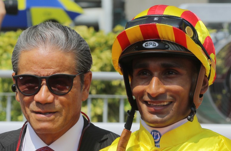 Karis Teetan with trainer Tony Cruz after Circuit Number Two’s win earlier this season. Photos: Kenneth Chan