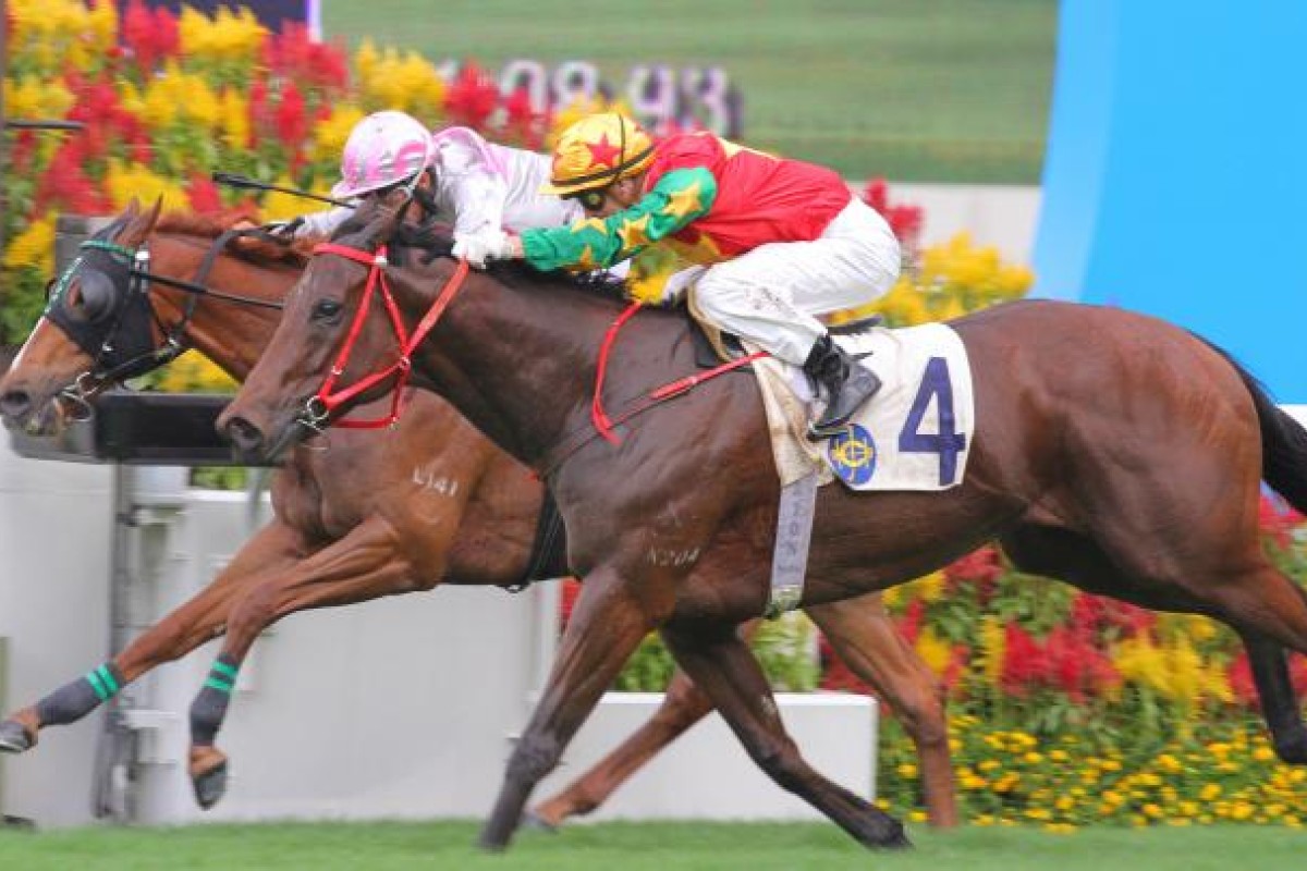 Supreme Win and Zac Purton win the Chief Executive's Cup, beating Cherise Cherry (Richard Fourie) at Sha Tin today. Photo: Kenneth Chan
