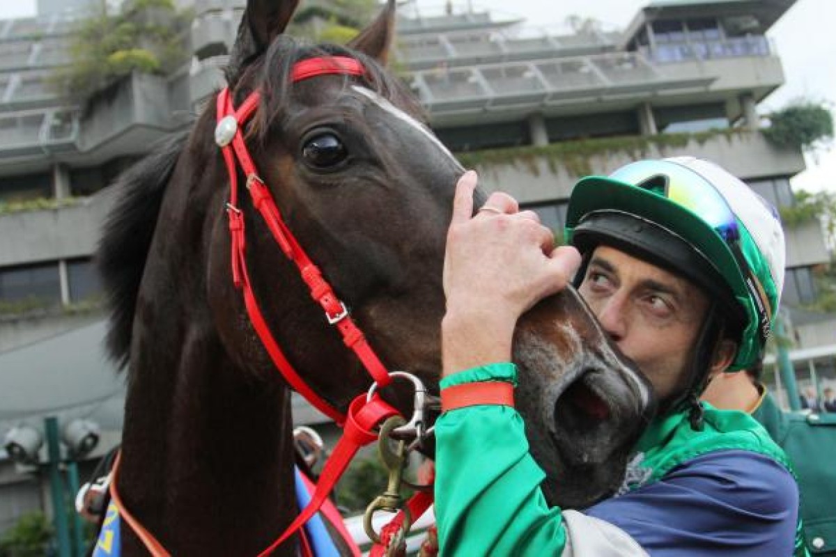 Champion jockey Douglas Whyte plants a well-deserved kiss on Glorious Days after winning the Stewards' Cup at Sha Tin yesterday. Photo: Kenneth Chan