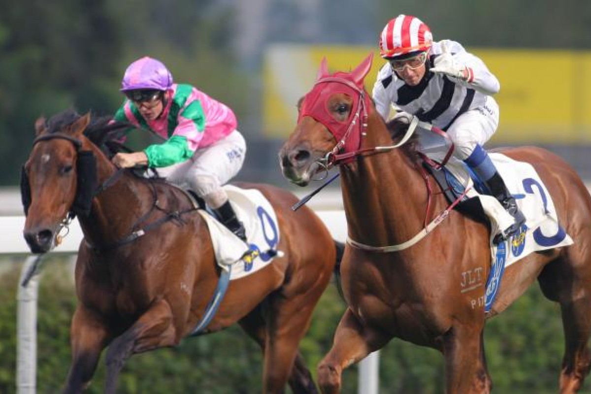 Douglas Whyte indicates six winners after guiding home Secret Sham in the last race yesterday to complete a memorable six-timer. Photo: Kenneth Chan