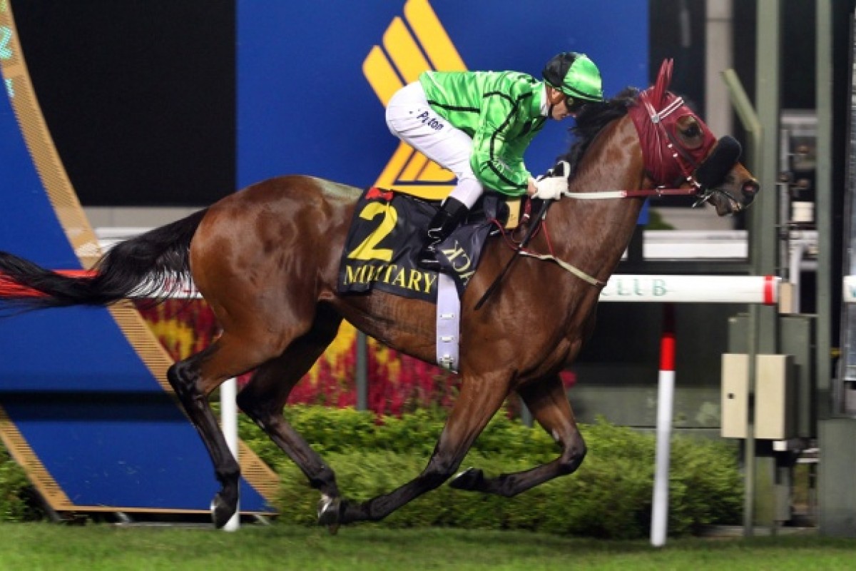 Military Attack, ridden by Zac Purton, at the Kranji racecourse. Photo: AP