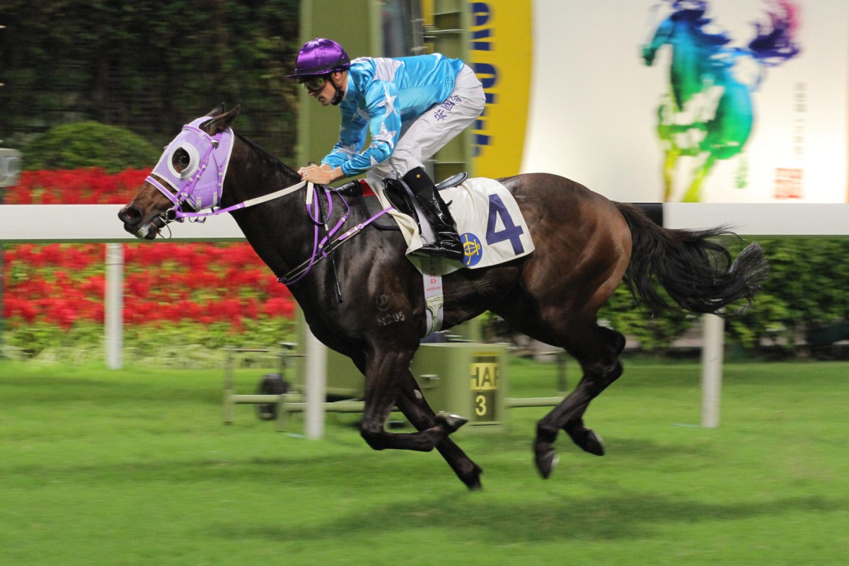 Tye Angland cruises to the line aboard Step Faster to provide trainer Chris So's first win of the season last night. Photo: Kenneth Chan