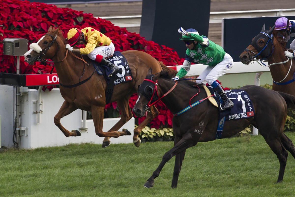 Douglas Whyte punches the air in delight as he wins the Longines Hong Kong Mile with the John Size-trained Glorious Days. Photos: Reuters
                        