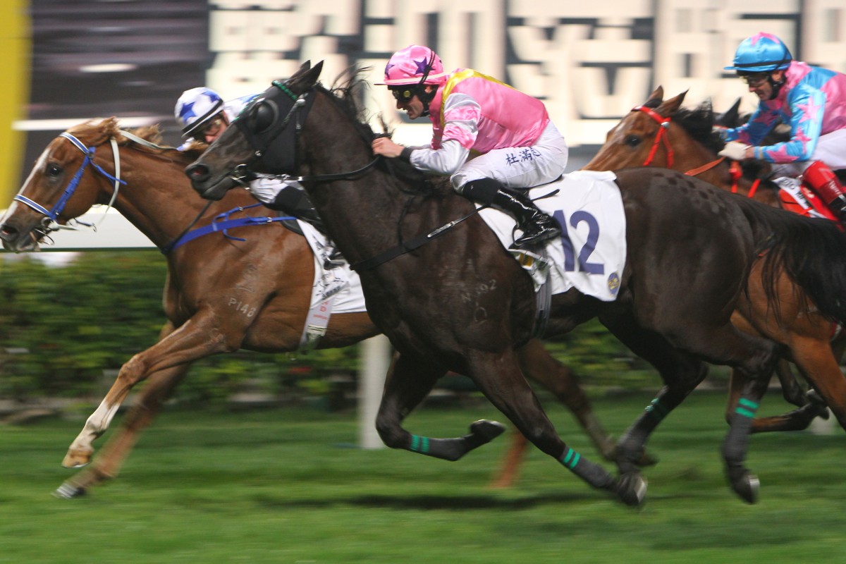 Braveness (Tye Angland) and Brilliant Proposal (Mirco Demuro) fight out the finish to Wednesday's Volunteers' Challenge Cup, but Roman Win (Douglas Whyte) caught the eye splitting the pair late. Photo: Kenneth Chan