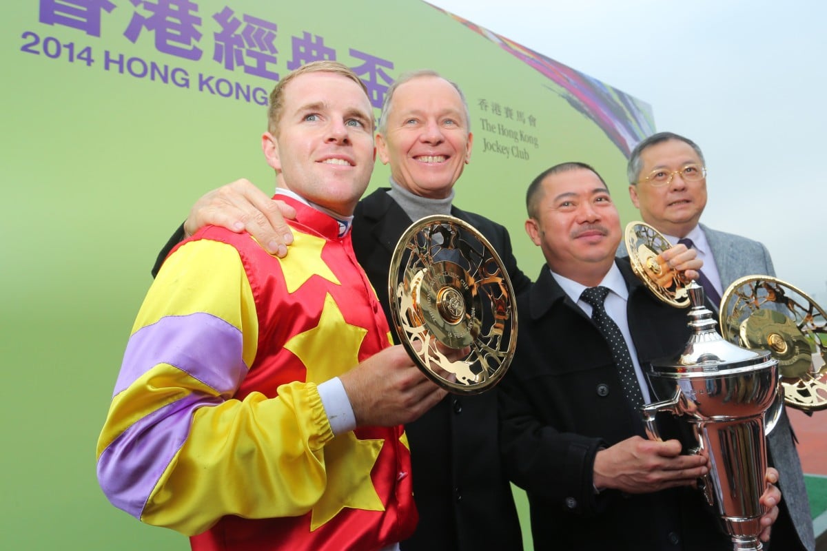 Jockey Tommy Berry (far left), trainer John Moore (middle left) and owner Cheng Keung Fai (far right) celebrate Designs on Rome's Classic Cup success. Photo: Kenneth Chan