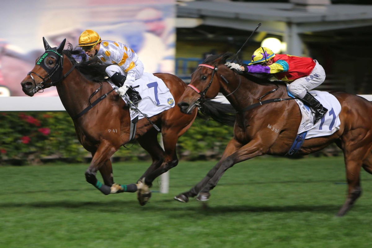 Joao Moreira guides You Read My Mind to victory in race six to complete his double at Happy Valley. Photo: Kenneth Chan
