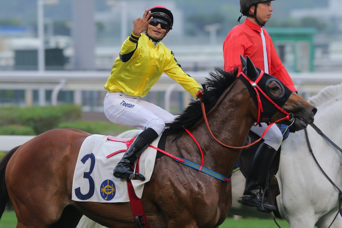 Karis Teetan celebrates a treble as he returns to the winner's circle on John Size's Swift Shadow. Photos: Kenneth Chan