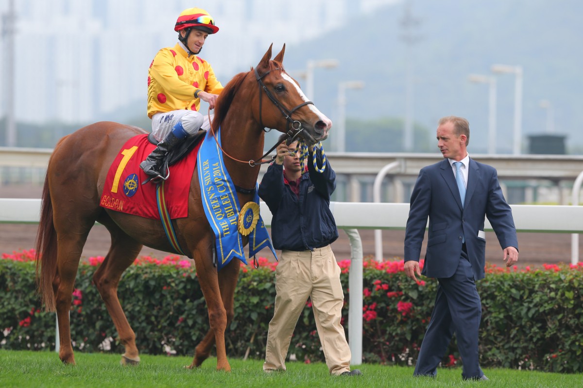 Richard Gibson welcomes back Gold-Fun and Douglas Whyte after the flashy gelding won the Queen's Silver Jubilee Cup on Sunday. Photos: Kenneth Chan