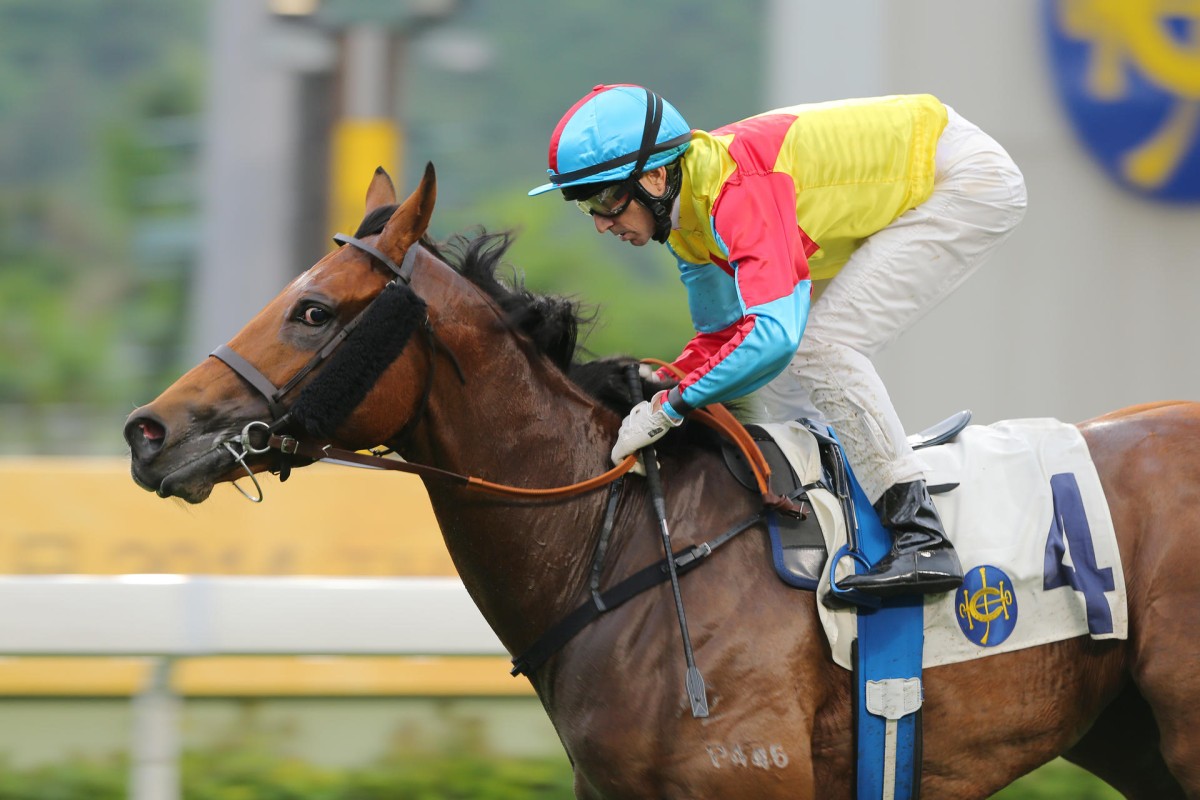 Douglas Whyte pilots Full Talent to the line to complete his treble at Sha Tin yesterday as he moved closer to championship leader Zac Purton. Photos: Kenneth Chan