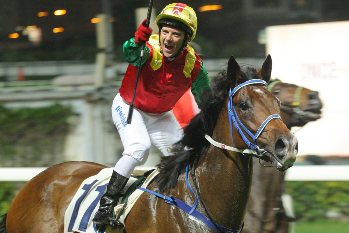 Brett Prebble is ecstatic after Jumbo Spirit wins race five at Happy Valley last night, delivering the rider a double. Photos: Kenneth Chan