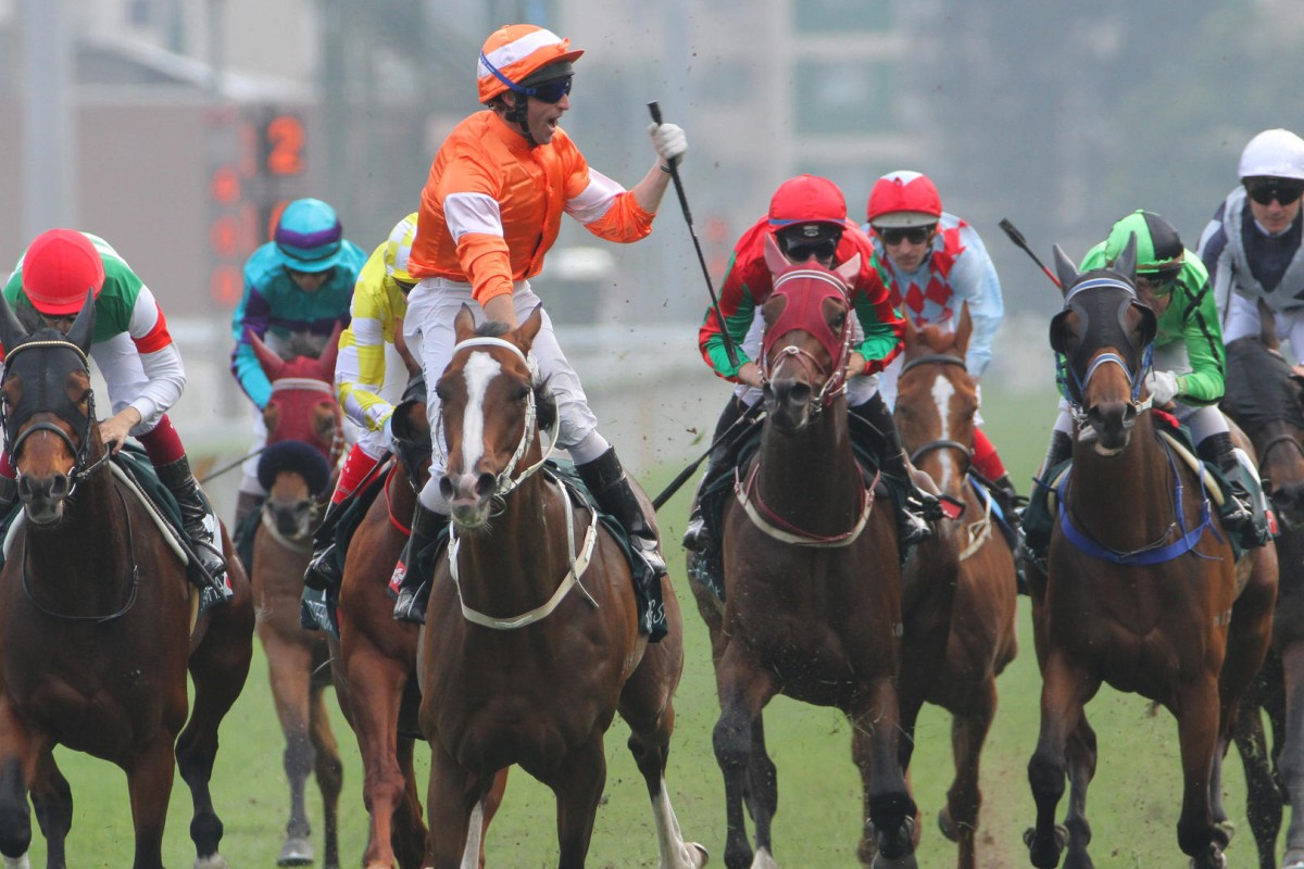 Neil Callan celebrates aboard Blazing Speed after winning the QE II Cup at Sha Tin. Photos: Kenneth Chan