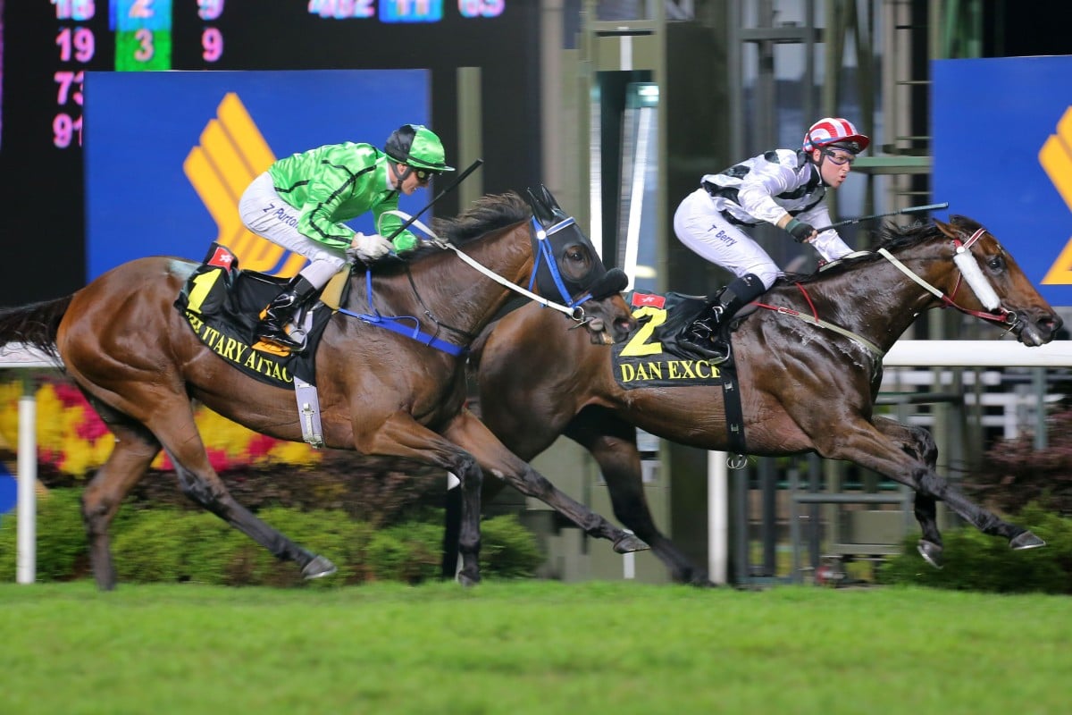 John Moore's Dan Excel, with Tommy Berry on board, wins the Singapore Airlines International Cup this year, leading home a Hong Kong quinella as one-time stablemate Military Attack finishes second. Photos: Kenneth Chan