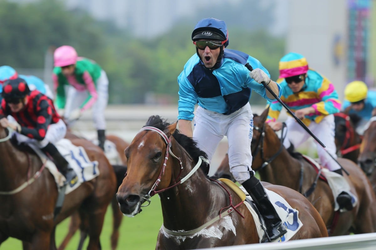 Neil Callan celebrates wildly as Not Listenin'tome wins the National Day Cup, stamping himself as one of Hong Kong's best emerging sprinters. Photos: Kenneth Chan