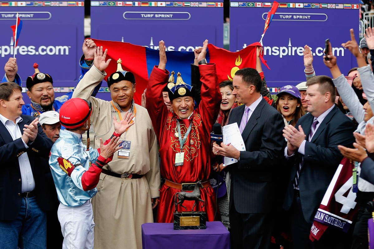 Team Mongolian Saturday celebrate the horse's success in the Breeders' Cup Turf Sprint. They are likely to bring their rousing party to Sha Tin, with Mongolian Saturday set to tackle the Hong Kong Sprint. Photos: AFP, Kenneth Chan