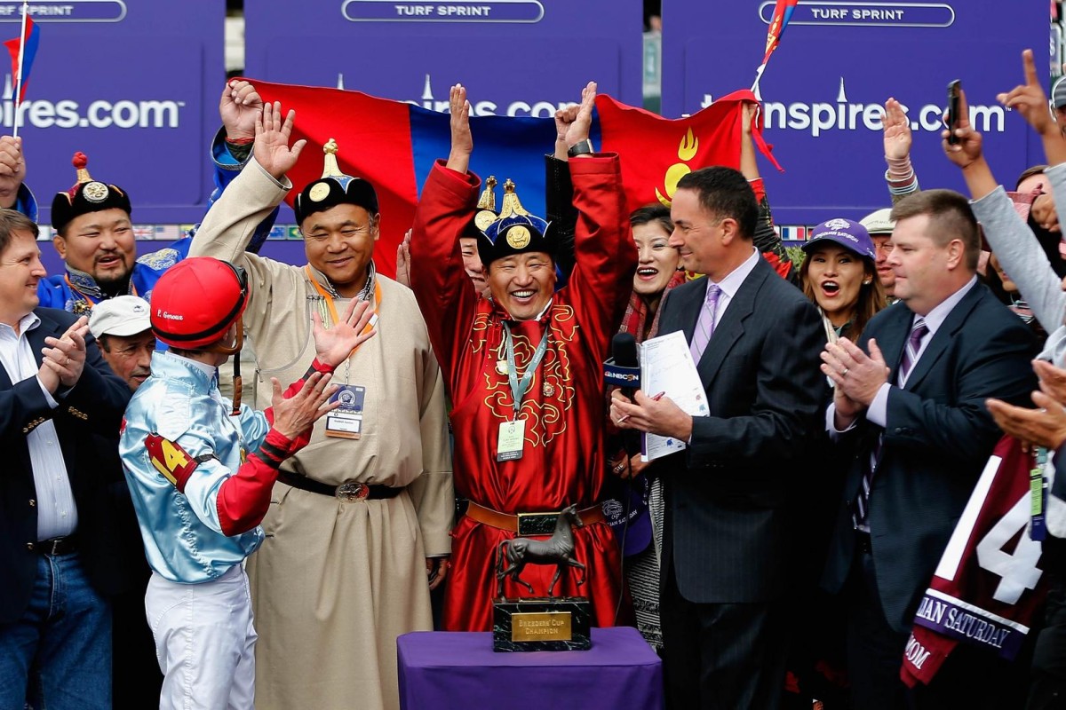 "Team Mongolia" celebrate their shock win in the Breeders' Cup Turf Sprint at Keeneland in October. Trainer Ganbat Enebish and owner Ganbaatar Dagvadorj hope Mongolian Saturday can repeat the feat in Sunday's Hong Kong Sprint. Photo: AFP