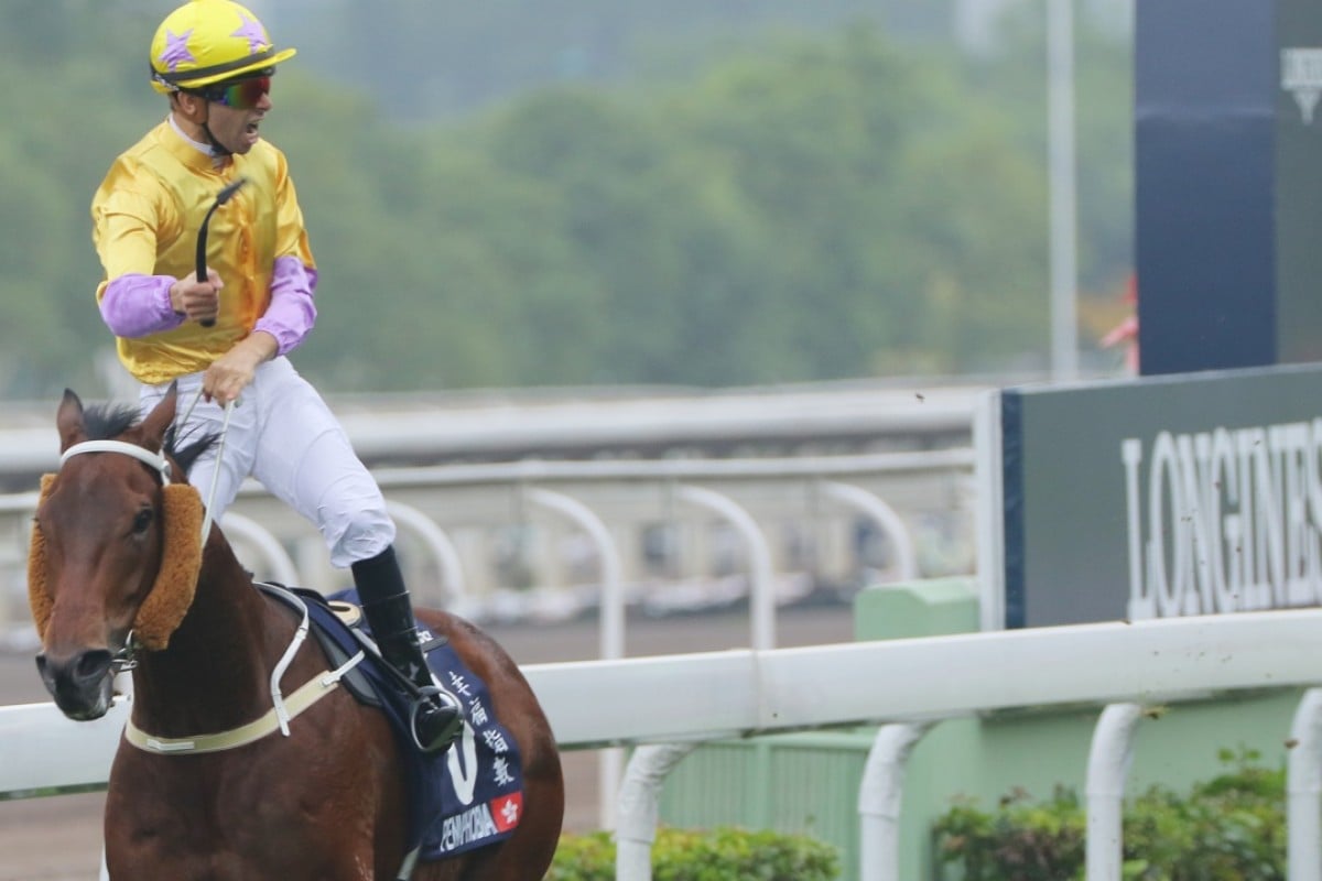 Joao Moreira stands and delivers on Peniaphobia, who overcame the outside draw to lead all the way and beat Gold-Fun. Photos: Kenneth Chan