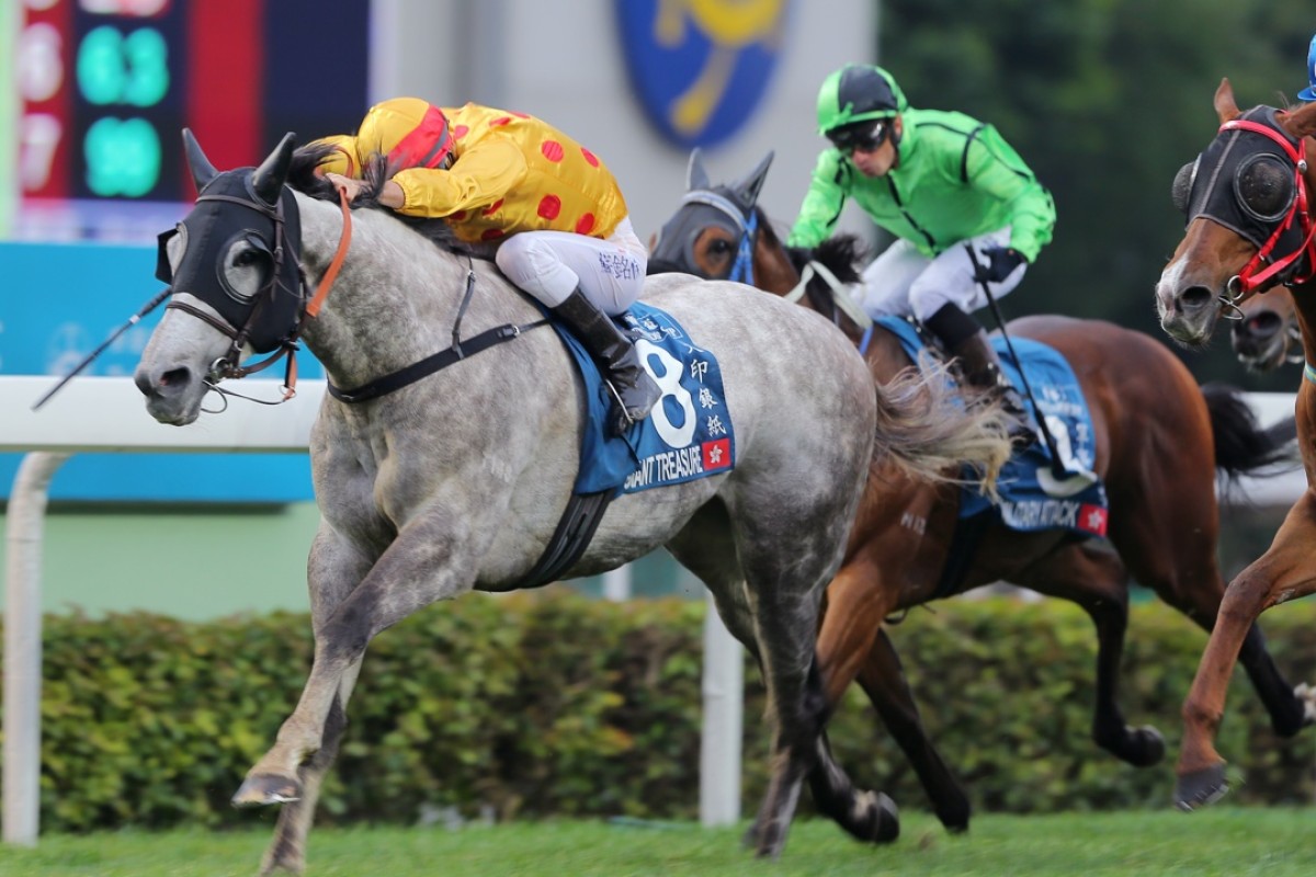 Giant Treasure, ridden by Christophe Soumillon, wins the Stewards' Cup at Sha Tin on Sunday. Photos: Kenneth Chan