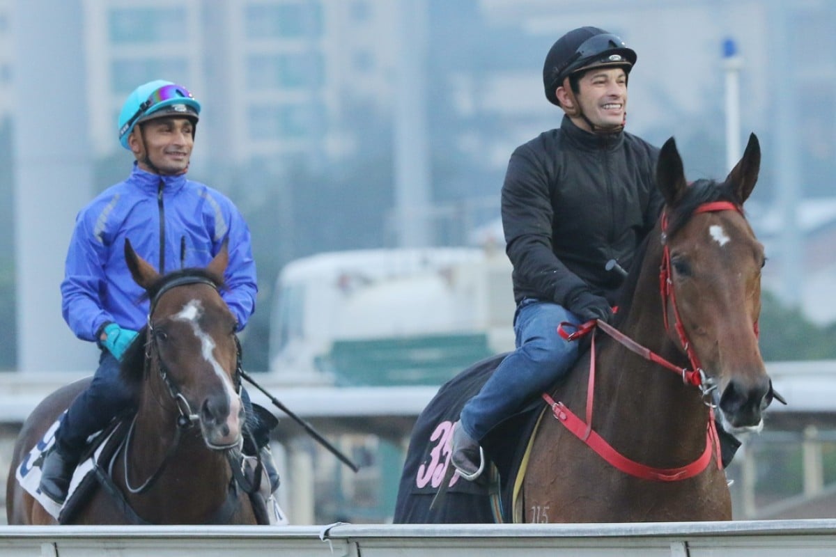 Dennis Yip’s Lucky Girl (Silvestre De Sousa) heads back to the stables with David Hall’s Simply Invincible (Karis Teetan) after a gallop at Sha Tin on Thursday morning.