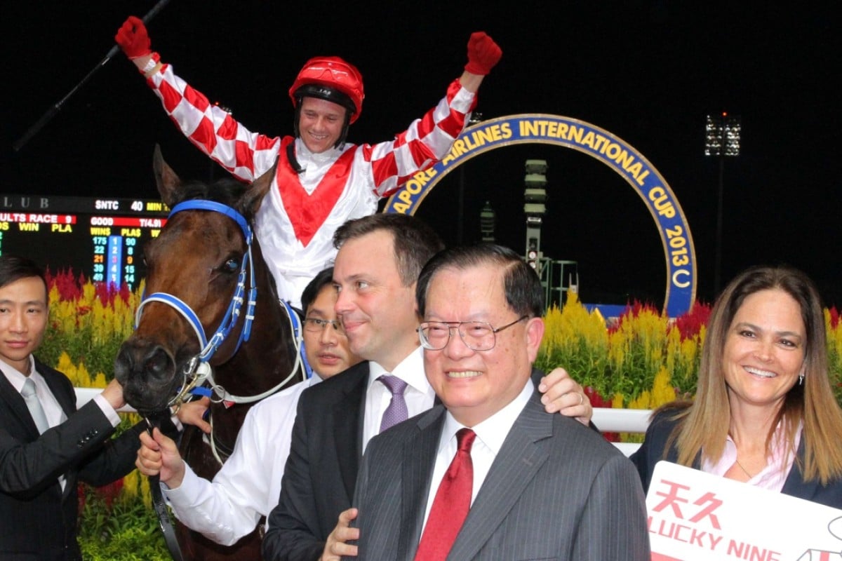 Team Lucky Nine celebrate the super galloper’s first KrisFlyer Sprint victory in 2013. Photo: Kenneth Chan