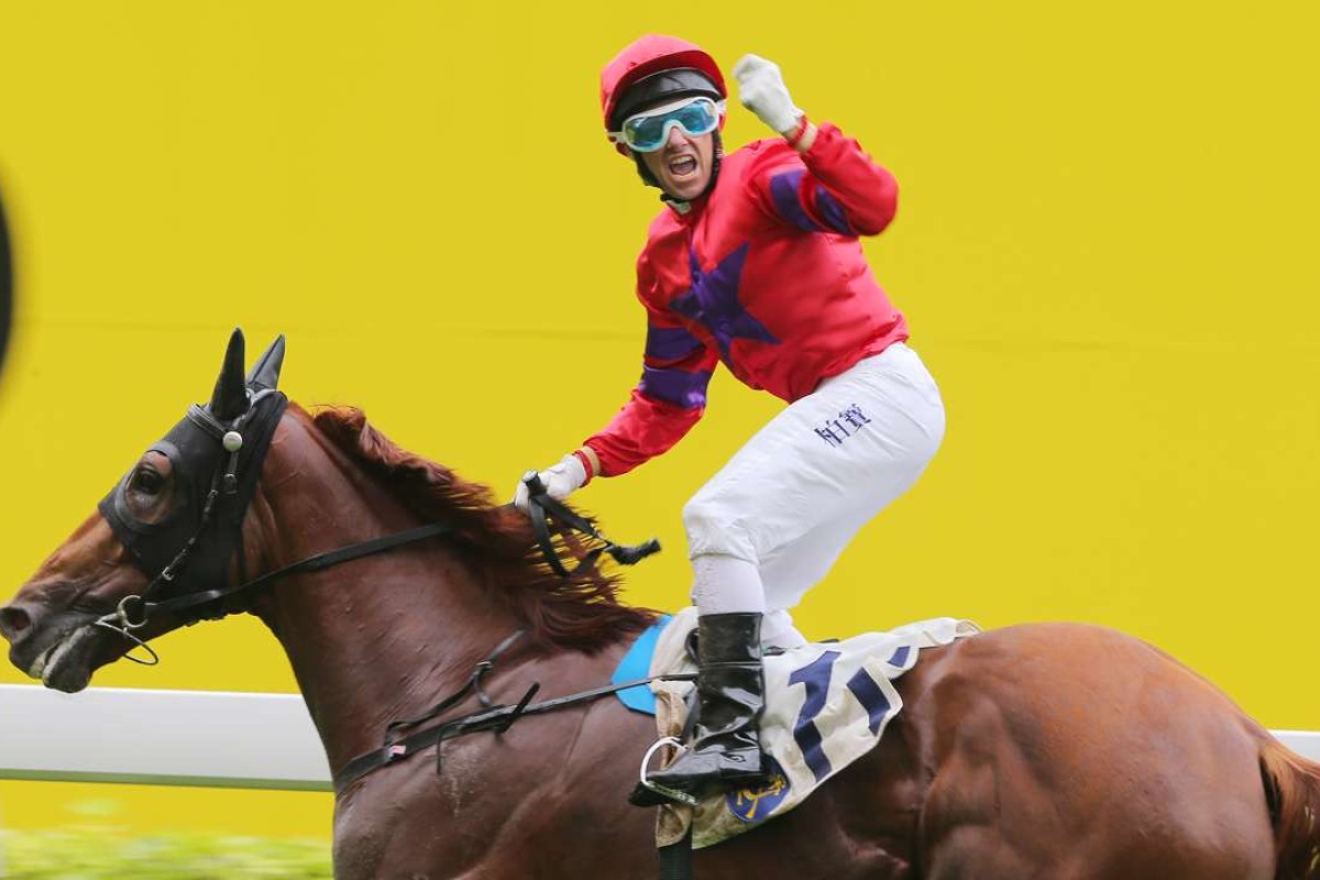 Brett Prebble celebrates after winning on heavily backed Victory Boys for David Hall. Photo: Kenneth Chan